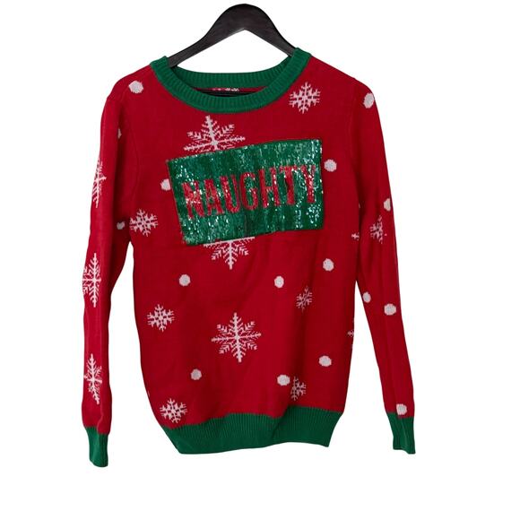 Ugly Christmas Sweater Red Green Sequin Change Naughty Nice Pullover Sweater M - Picture 2 of 11